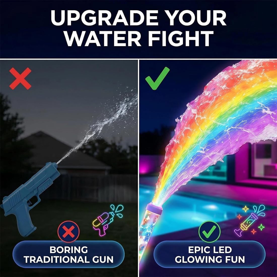 Glowing Rainbow LED Water Blaster | Summer Fun that Pops Like Magic, Fireworks Water Spray Blaster with Lights, Pull Push Firework Water Blaster Toys for Outdoor Summer Water Games