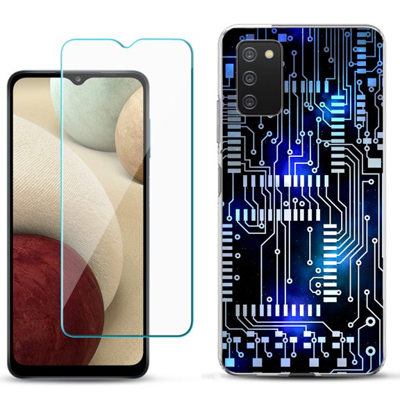 Slim-Fit TPU Phone Case Compatible with Samsung Galaxy A02s, with Tempered Glass Screen Protector, by OneToughShield ® - Cosmos Circuit
