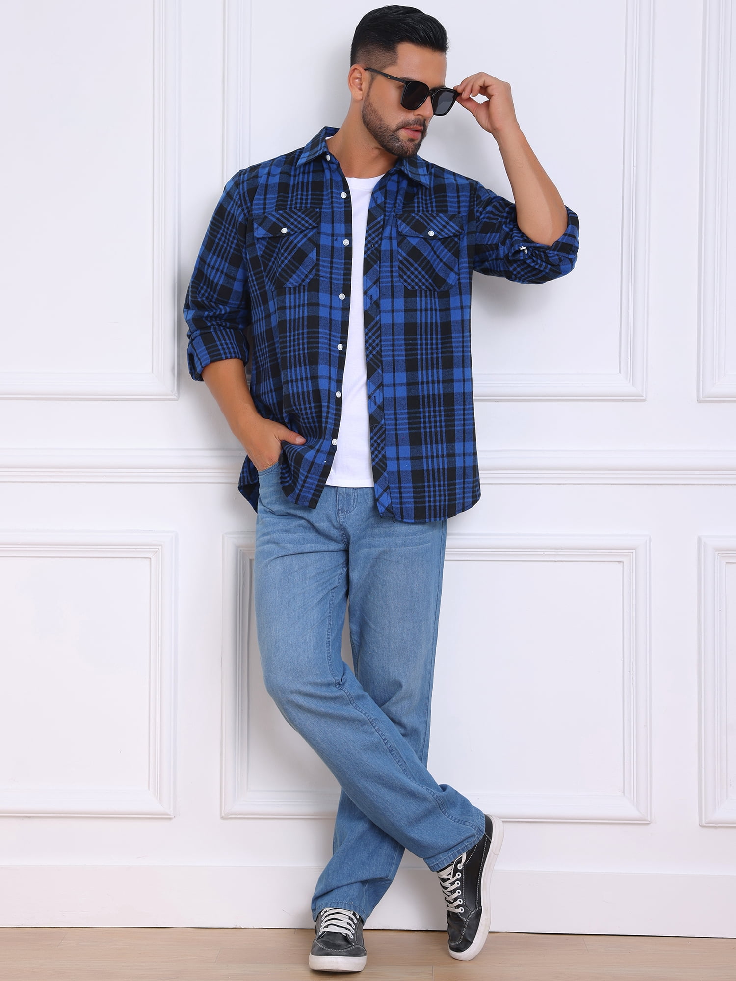 DARING DIVA Men's Contrast Color Slim Fit Long Sleeved Button Down Shirts 2XL Black Blue