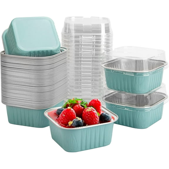 BlinkLLX 50 Pcs Mini Square Baking Cups with Lids,5oz Aluminum Foil Mini Cake Pans with Lids,Disposable Ramekins Cake Pans,150ml Dessert Cups Cupcake Pans for Wedding Birthday Party,Blue