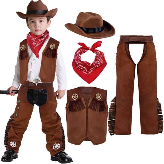 Joyfy Halloween Cowboy Costume for Boys, Kids Cowboy Costume Set, Brown Western Style Cowboy Outfit with Cowboy Hat for Toddler Dress-up Party Cosplay