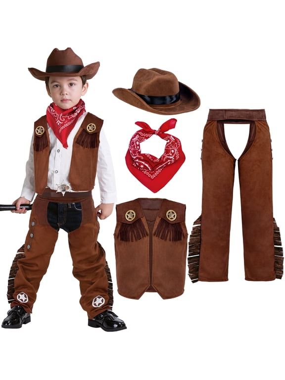 Halloween Cowboy Costume for Boys, Kids Cowboy Costume Set, Brown Western Style Cowboy Outfit with Cowboy Hat for Toddler Dress-up Party Cosplay