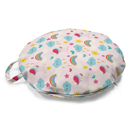 

Unicorn Round Floor Cushion with Handle Theme of Clouds Rainbows Stars Print Decorative Pillow for Living Room & Dorms 18 Round Pale Pink Multicolor by Ambesonne