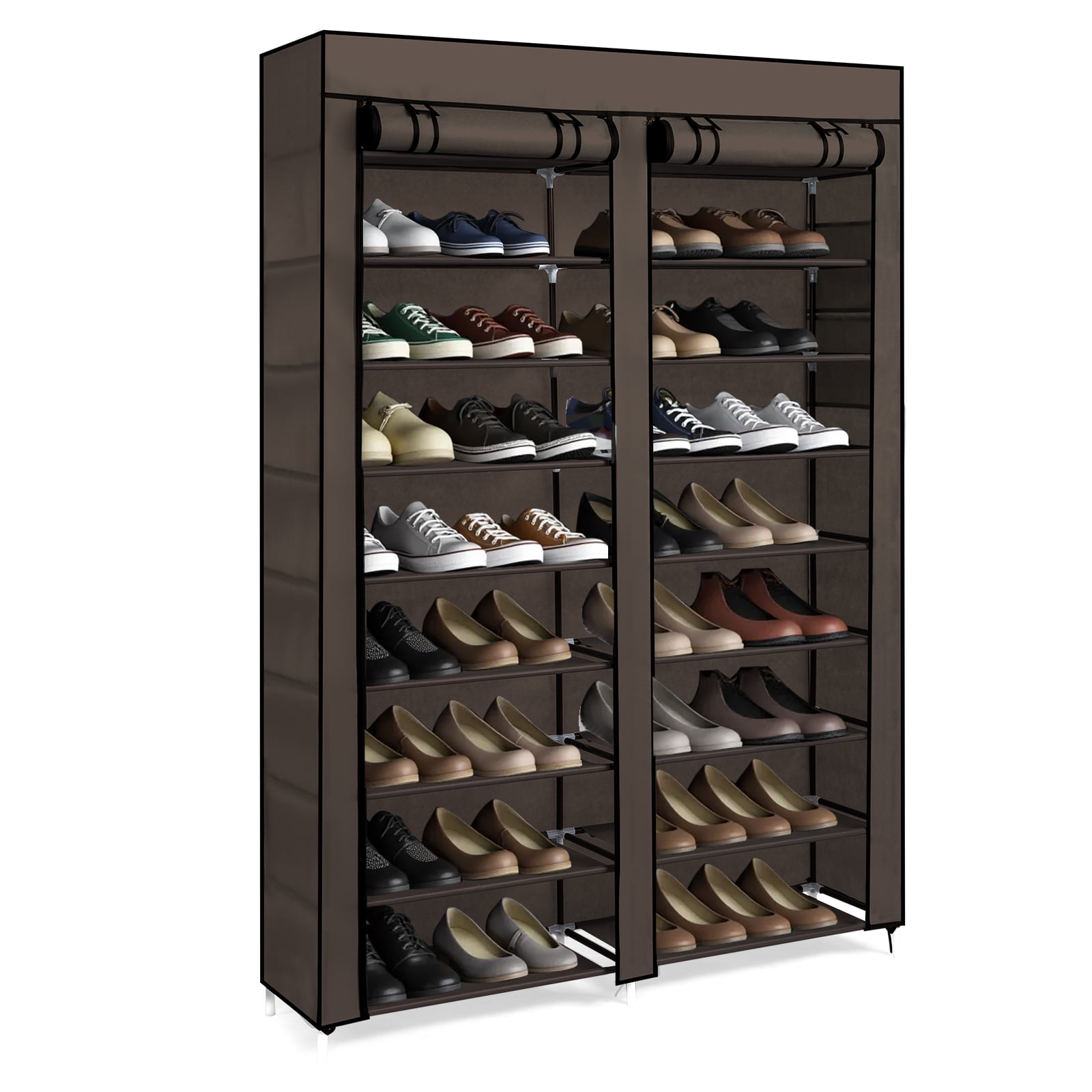 Ktaxon Shoe Rack Storage Organizer, 10 Tiers Double Row Portable Nonwoven Fabric Cover Shoe Rack Holds up to 40 Pairs, Coffee