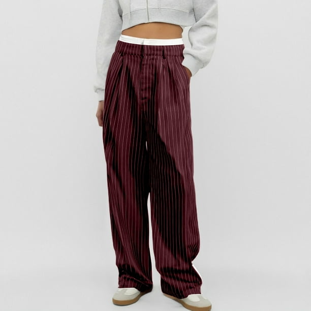 WILLBEST Pantalones Casuales de Verano para Mujer, con Rayas, Cintura Alta, Patchwork, Bolsillos Colgantes, Pierna Recta, Pantalones de Traje Casuales para Mujer Moderna Grande