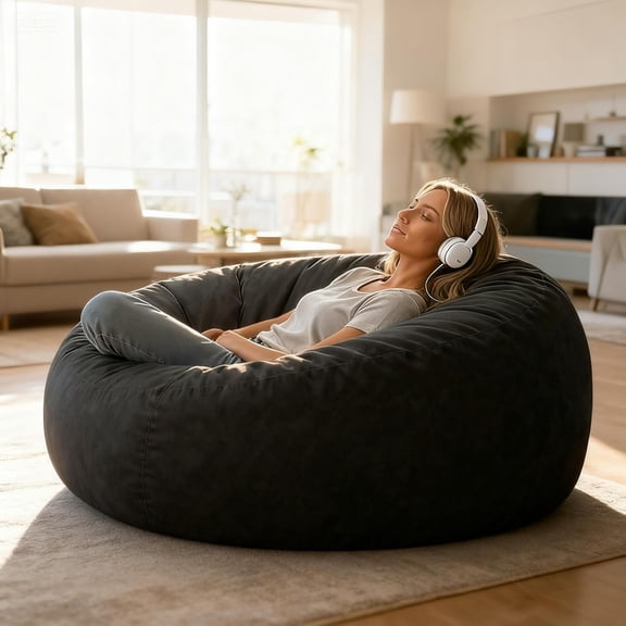 ACH Giant Bean Bag Chair 3FT - Memory Foam Filled, Soft Velvet Cover, Removable & Washable - Comfy Chair for Adults, Teens & Kids - Large Bean Bag for Bedroom, Living Room (Black, Big - 3FT)