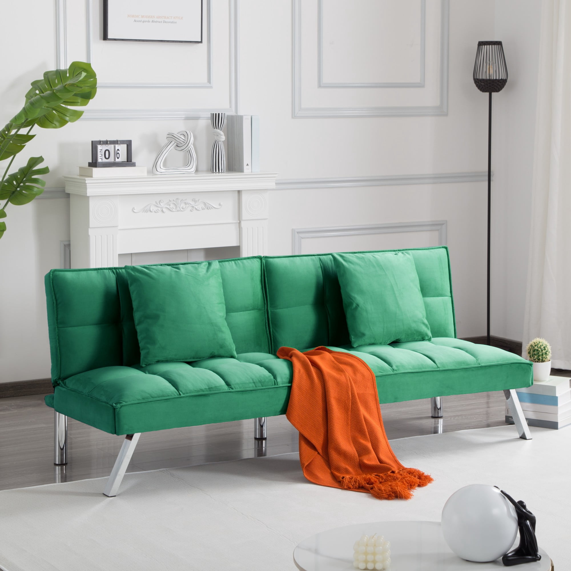 Gewnee Green 67.7” Twin Convertible Sleeper Sofa, Velvet Tufted Split-Back with 2 Toss Pillows for Home Office