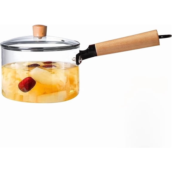 Xuet 1.8L Glass Saucepan with Lid, Heat Resistant Cooking Pot with Wooden Handle