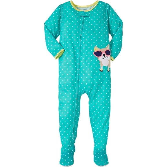 Girl's Toddler Green Polka Dot Bulldog Footed Pajama Polyester Sleeper, Size 4T