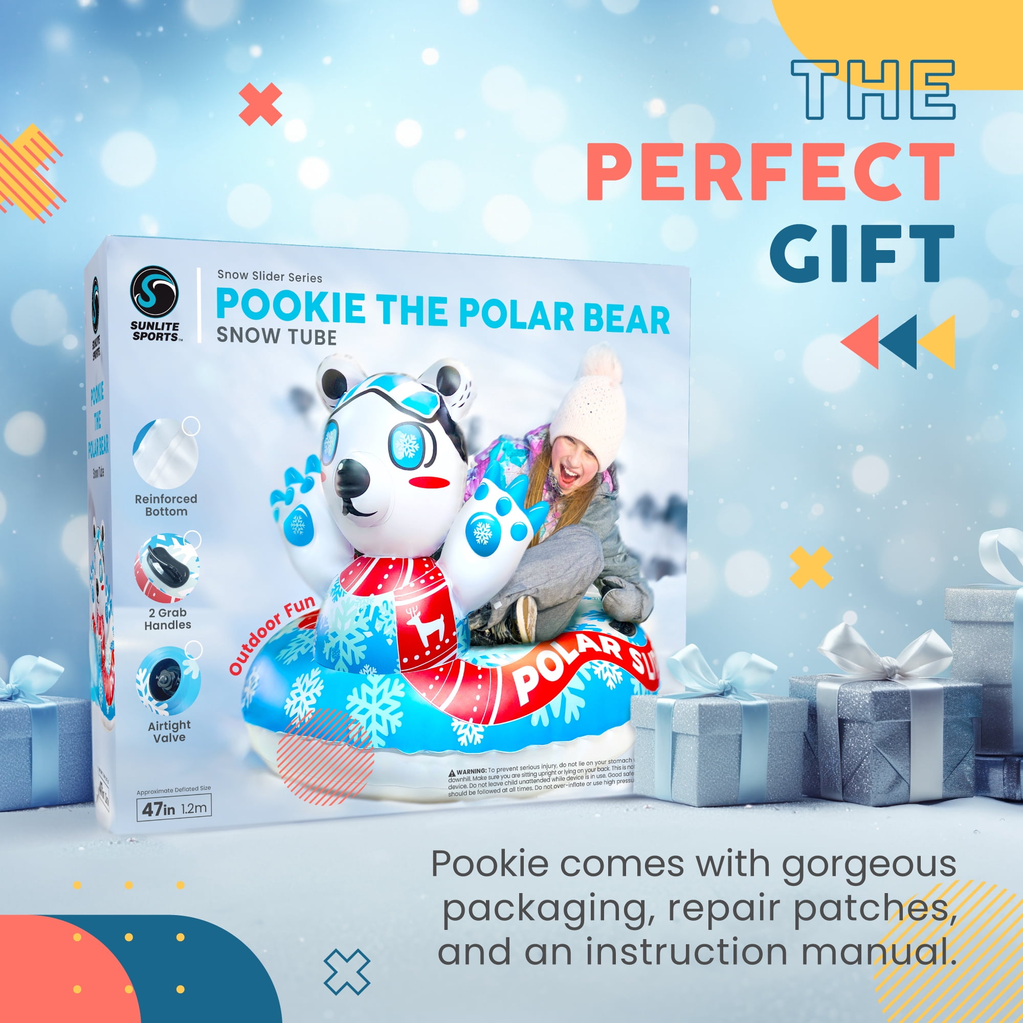 Sunlite Sports Polar Bear Snow Tube - Heavy Duty Inflatable Sled for Winter with Dual Sealed Seams, Grip Handles, Airtight Boston Valve, Repair Patch Kit, Extra Thick Material