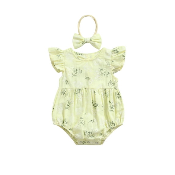 Biekopu Baby girl Summer Romper 2pcs,Cotton Printed crew Neck Flying Sleeve Romper + Summer Headband, blue/Yellow, 0-24 M