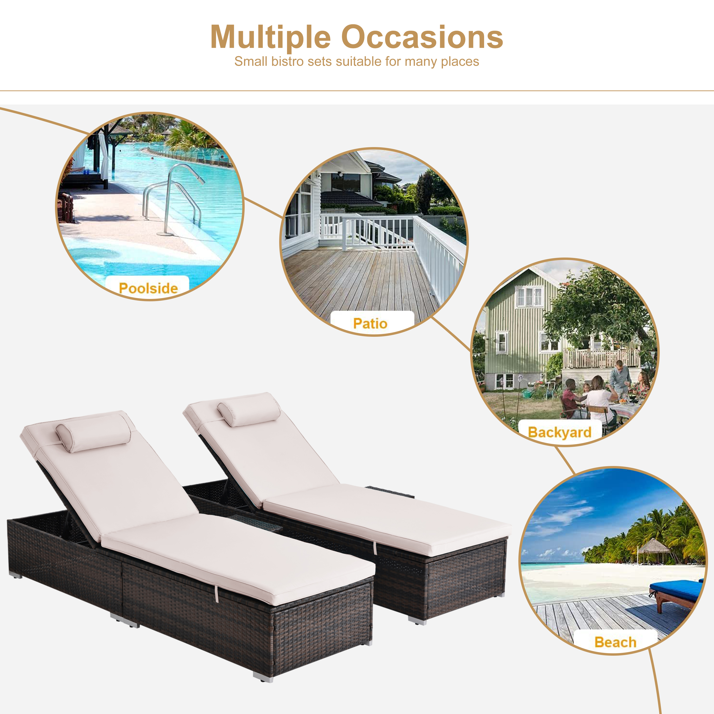 Segmart Outdoor Patio Chaise Lounge Chairs Furniture Set, PE Rattan Wicker Beach Pool Lounge Chair with Side Table, Adjustable 5 Position, Reclining Chaise Chairs, Beige, SS2350 - image 4 of 8