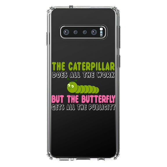 DistinctInk Clear Shockproof Hybrid Case for Samsung Galaxy S10+ PLUS (6.4" Screen) - TPU Bumper Acrylic Back Tempered Glass Screen Protector - Caterpillar Does Work, Butterfly Publicity