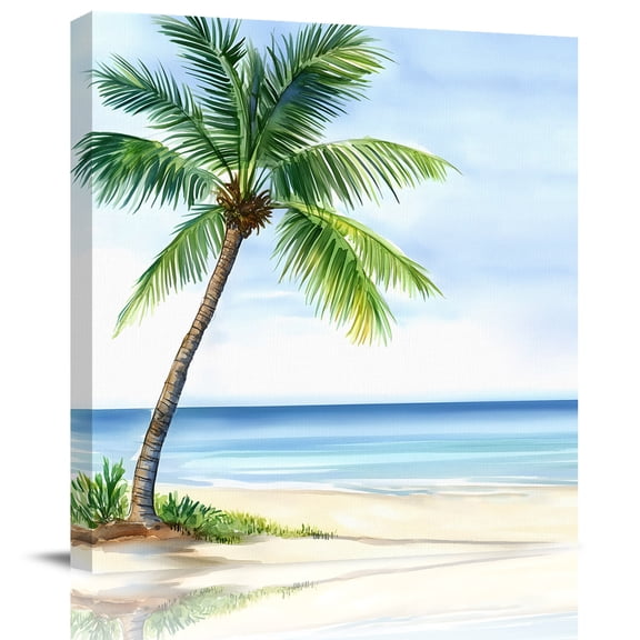 Seaside Beach Palm Trees Canvas Artwork Painting Art, Summer Tropical Ocean Square Framed Wall Decorations Prints Picture for Bedroom Kitchen Living Room, 8x8 in