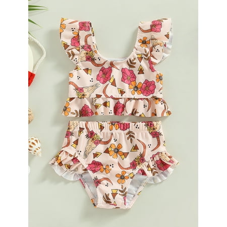 

Baby Girls Bikini Set Flower/Bull Head Print Fly Sleeve Vest with Elastic Waist Briefs Bathing Swimsuit for Summer Beach