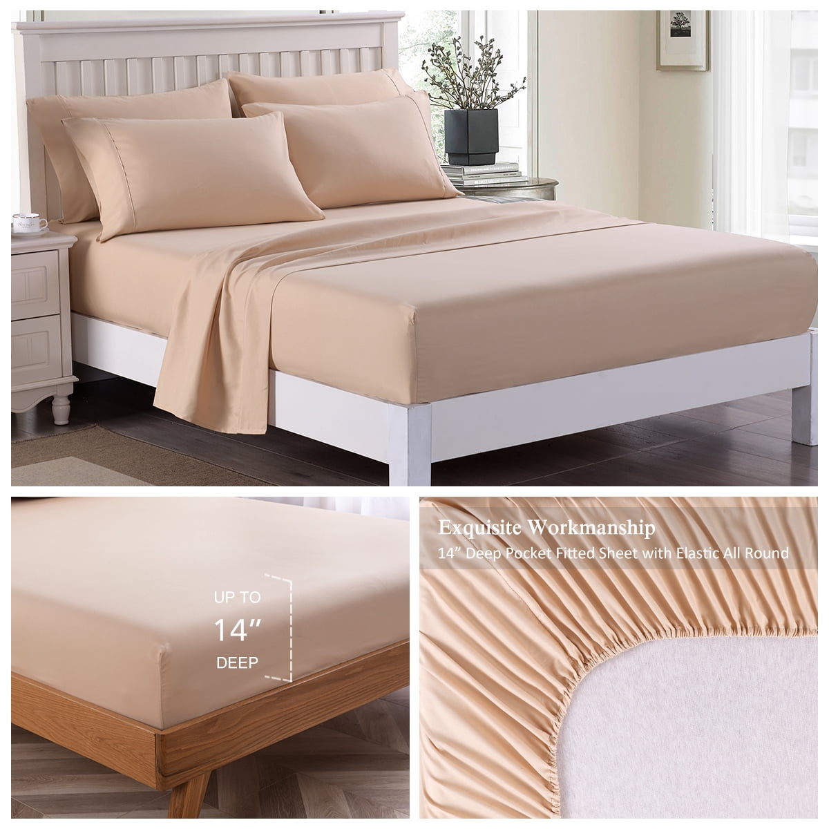 JML Bedding King Bed Sheets Set - 6 Piece Bedding - Brushed Microfiber 100% Polyester - Shrinkage and Fade Resistant - Easy Care (King, Beige)