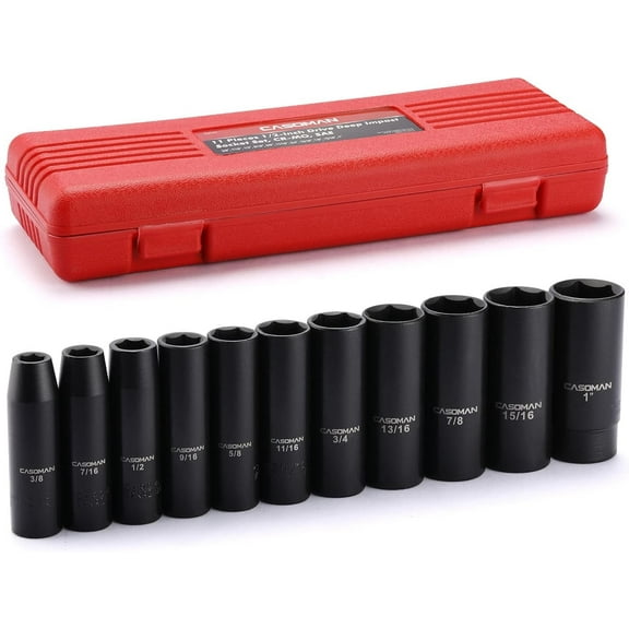 CASOMAN 11 Pieces 1/2-Inch Drive Deep Impact Socket Set, SAE, 6-Point, 3/8-Inch to 1-Inch
