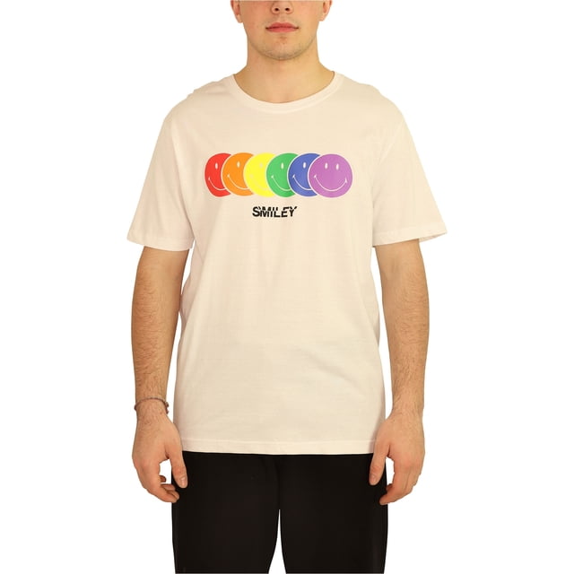 Elevenparis Mens Rainbow Smiley Graphic T-Shirt, White, Small
