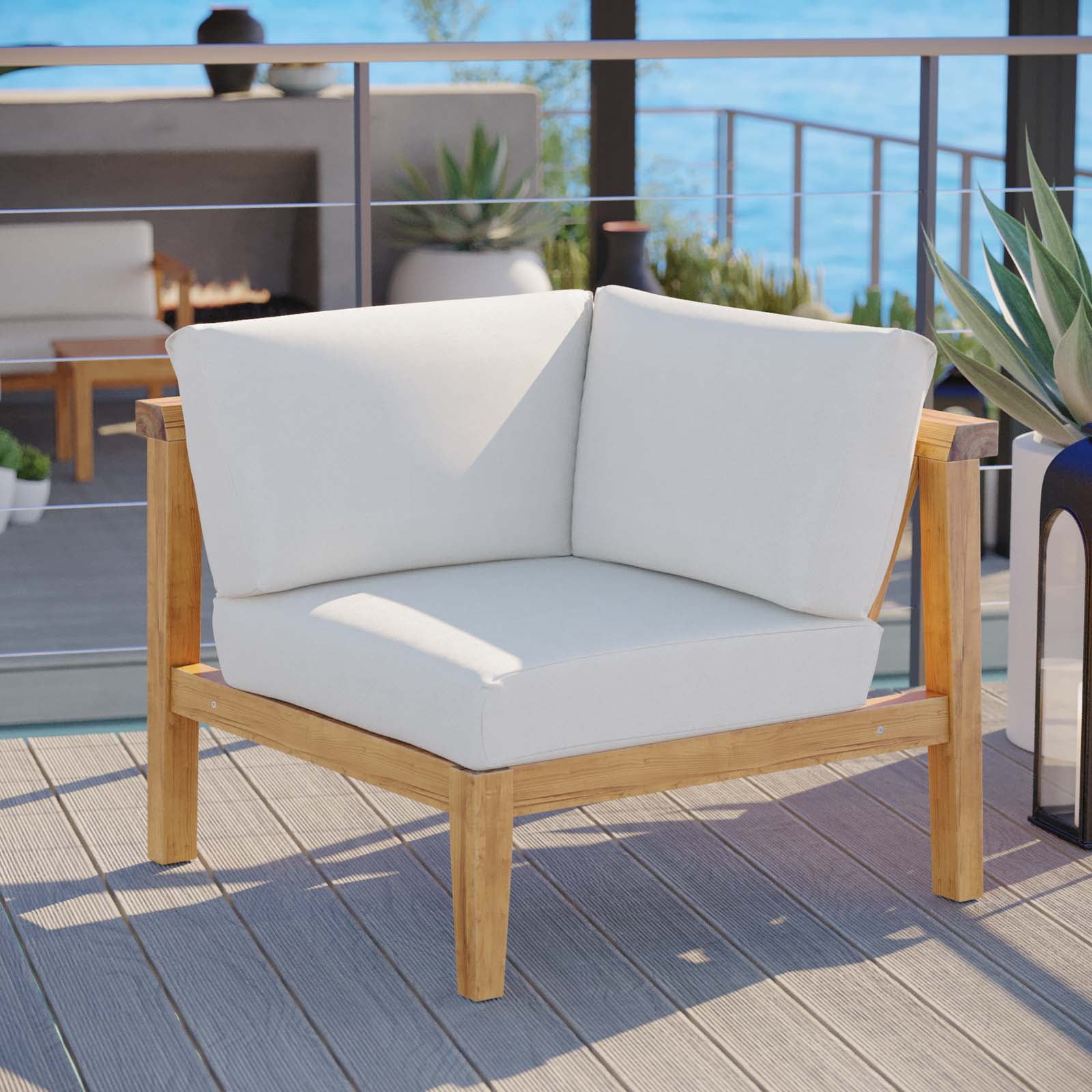 Modway Bayport Outdoor Patio Teak Wood Corner Chair in Natural White