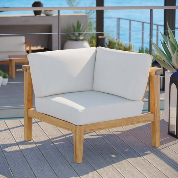 Modway Bayport Outdoor Patio Teak Wood Corner Chair in Natural White