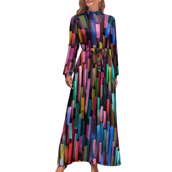 Abstract Geometry Dress Multi-Color Line Print Street Style Beach Dresses Woman Long Sleeve High Neck Cute Long Maxi Dress