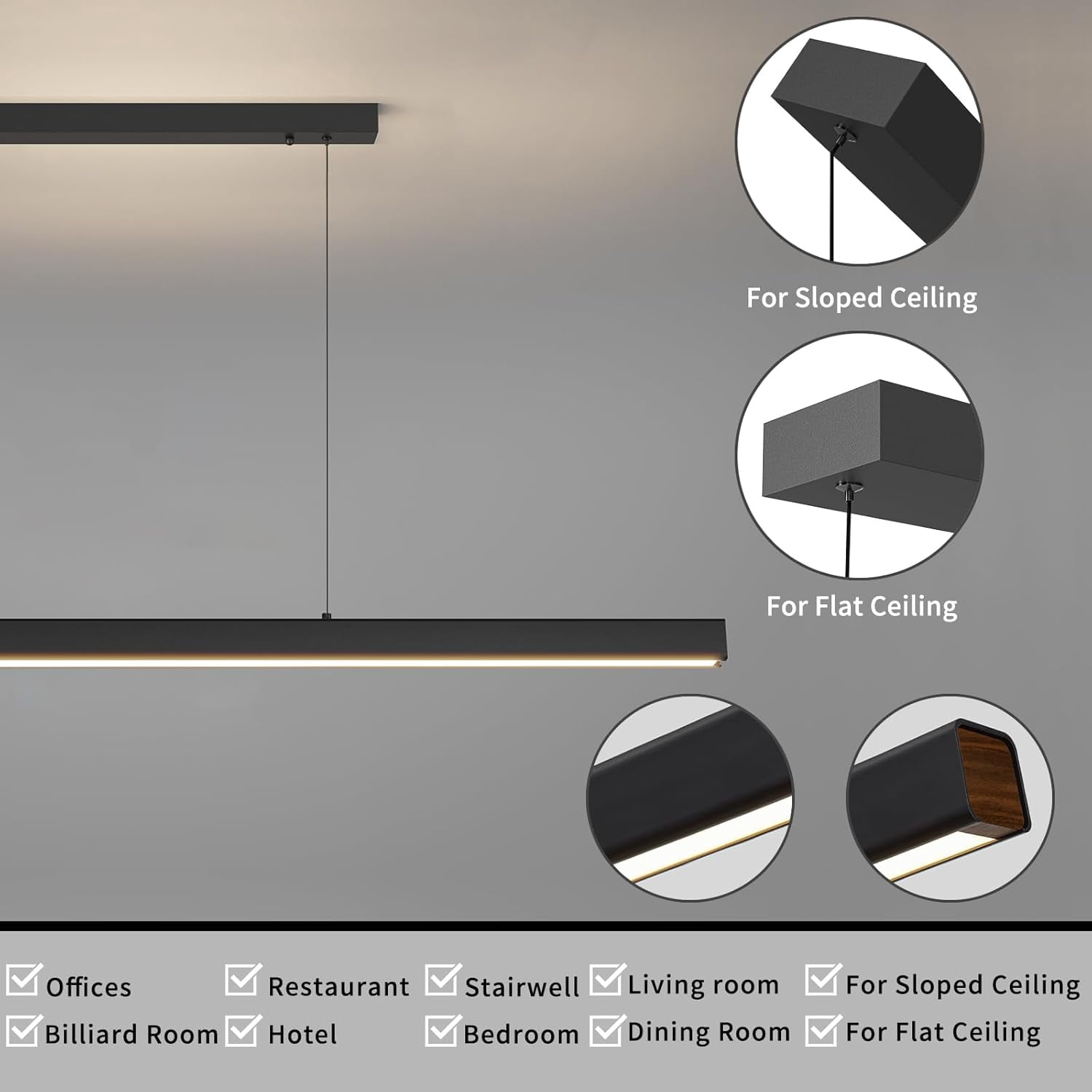 39inch Black Chandelier Modern LED Linear Ceiling Pendant Light Fixtures Hanging Color Temperature and Height Adjustable Pool Table Light for Dining Room Kitchen Island