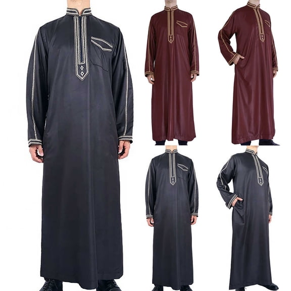 Miluxas Men's Ethnic Style Stand Collar Robe Long Sleeve Loose Long Shirt Wine