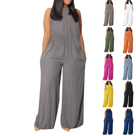 Womens Summer Jumpsuits Dressy Casual One Piece Outfits Sleeveless Mock Neck Wide Leg Pants Rompers with Pockets Black 2XL