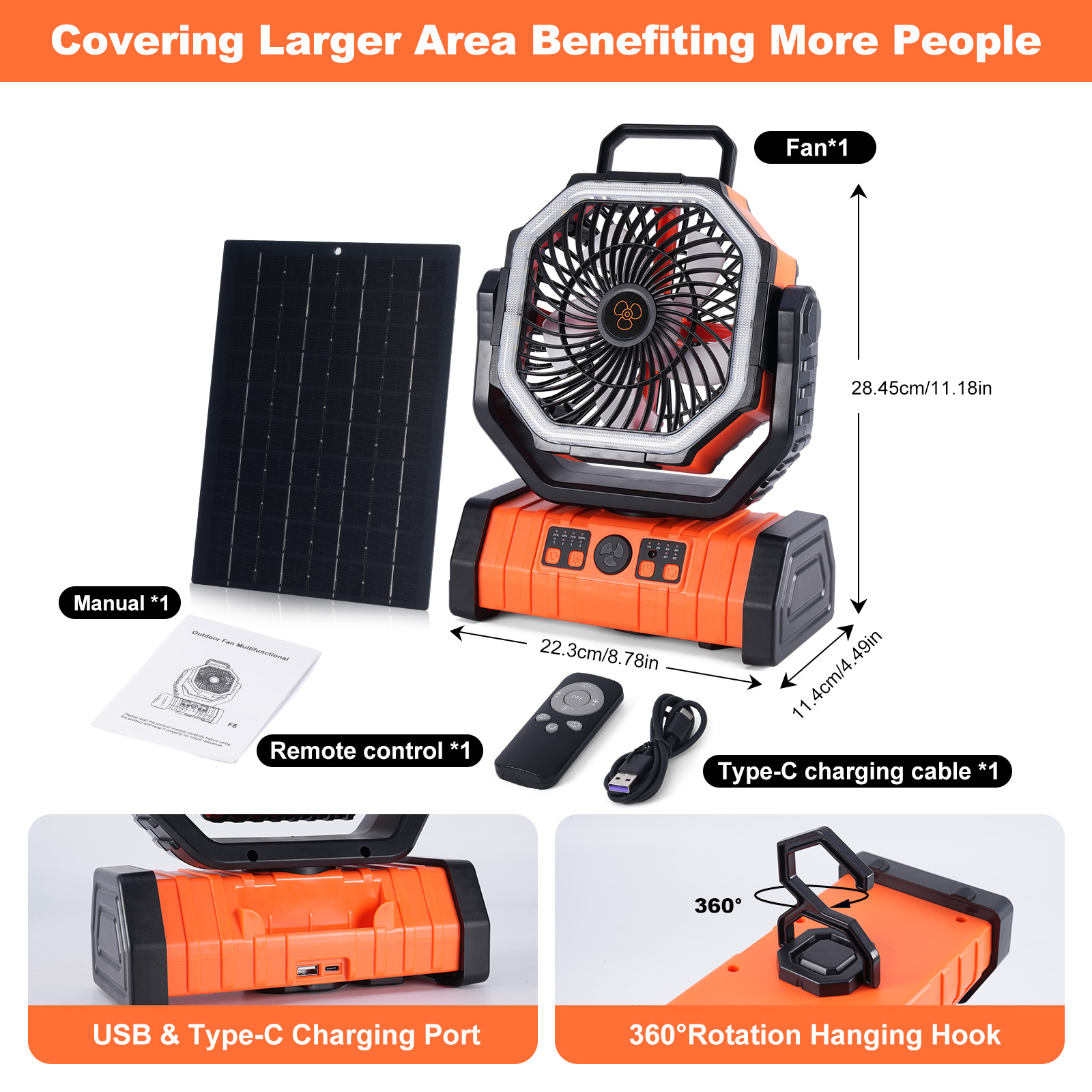 20000mAh Solar fan with LED Lantern, Camping Fan with Solar Panel, 10W Rechargeable Solar Powered Fan for Outside, Quiet Battery Operated Tent Fan for Picnic, Barbecue, Fishing