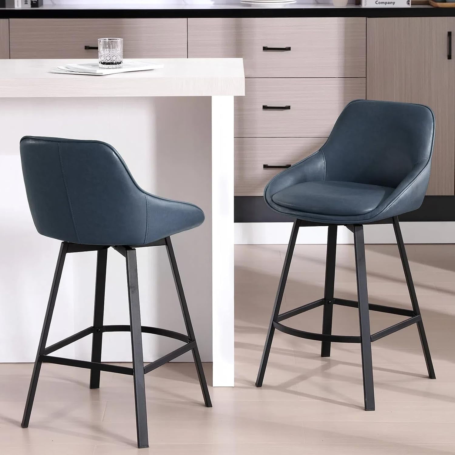Zesthouse 25.6" Swivel Counter Height Bar Stools Set of 2, Modern Counter Height Chairs with Backs and Metal Legs, Upholstered Faux Leather Barstools for Kitchen Island, Blue