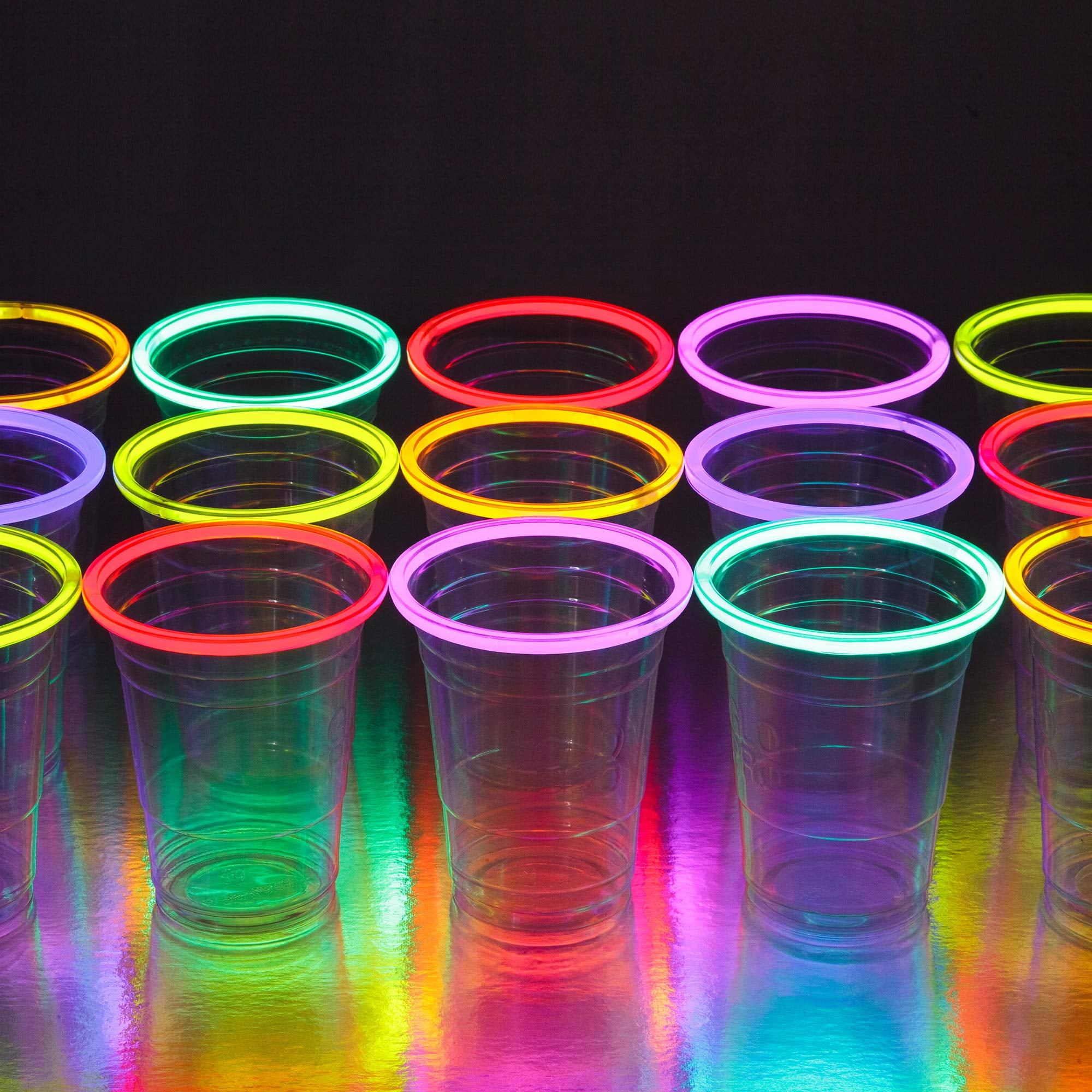 GLOWING PARTY CUPS 16 oz Plastic Clear Disposable Glow Stick Cup Neon