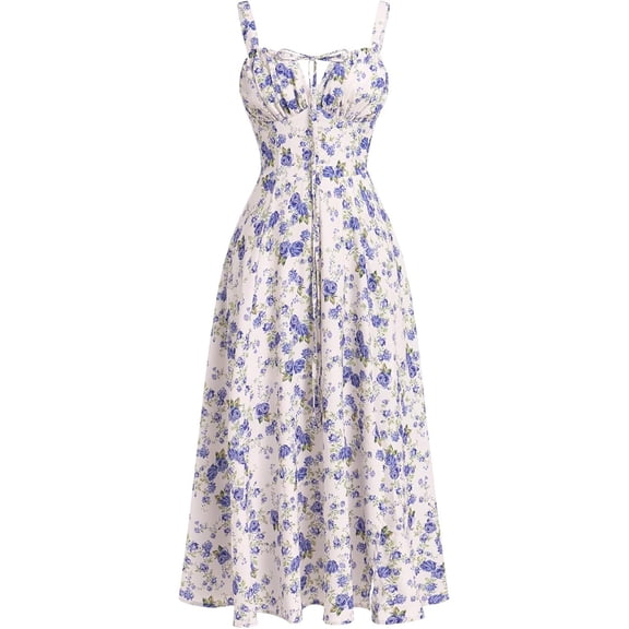 Fashion Floral Corset Dress Backless Cami Dresses Boho Summer Spaghetti Straps Square Neck Casual Midi Dress Flowy Slit Bustier Dresses