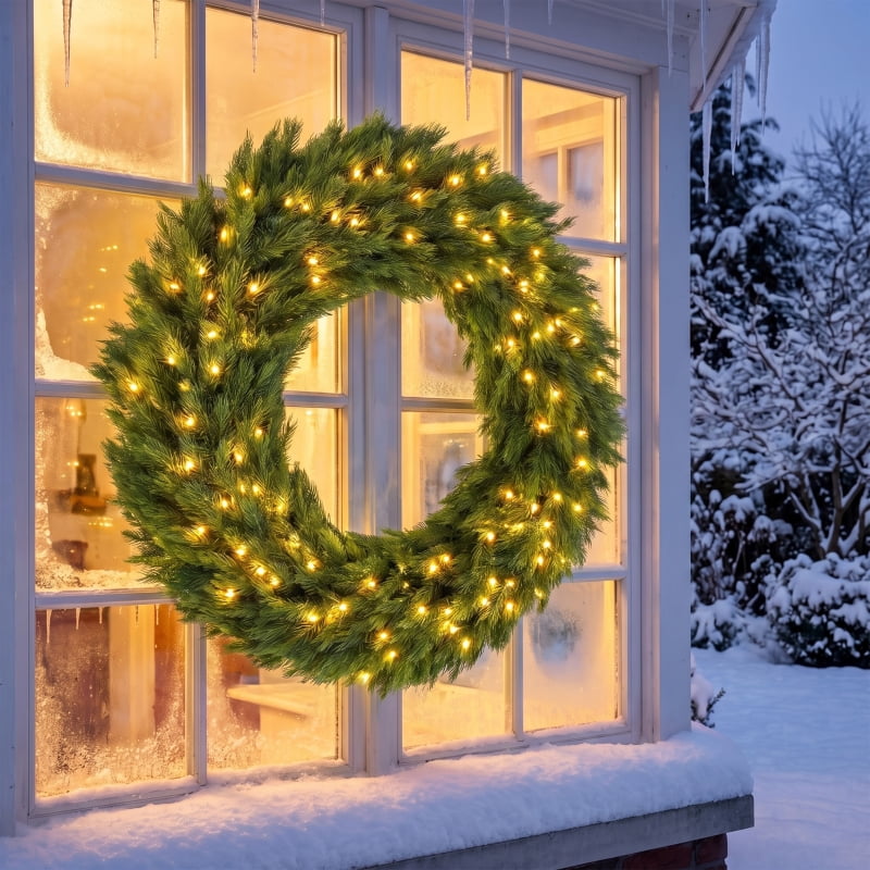 Alvantor Christmas Wreath Pre-Lit Norwegian Spruce with 150 LED Lights for Door 48"x48"x7" Green