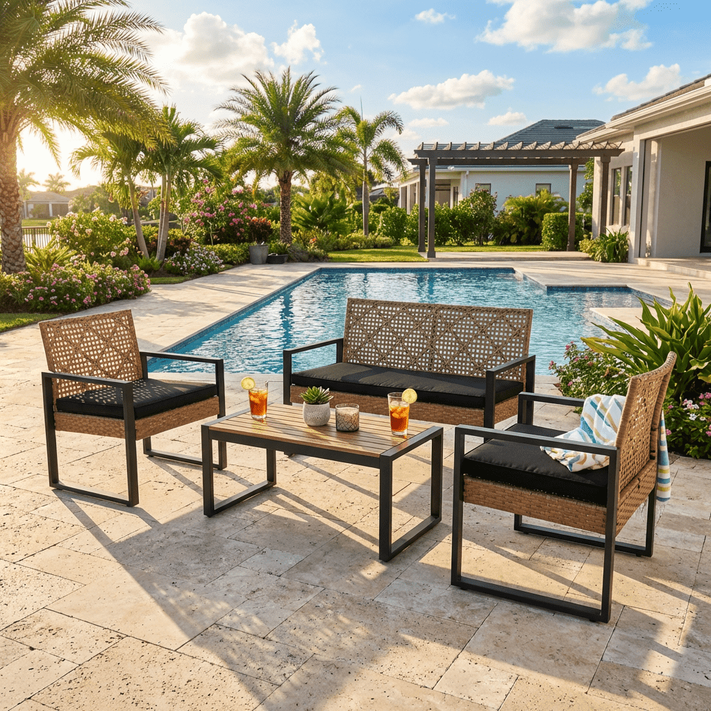 4-Piece Patio Furniture Set, Outdoor Conversation Set with Loveseat, 2 Chairs and Coffee Table, Wicker Patio Set for Porch, Balcony, Backyard, Black/Light Brown