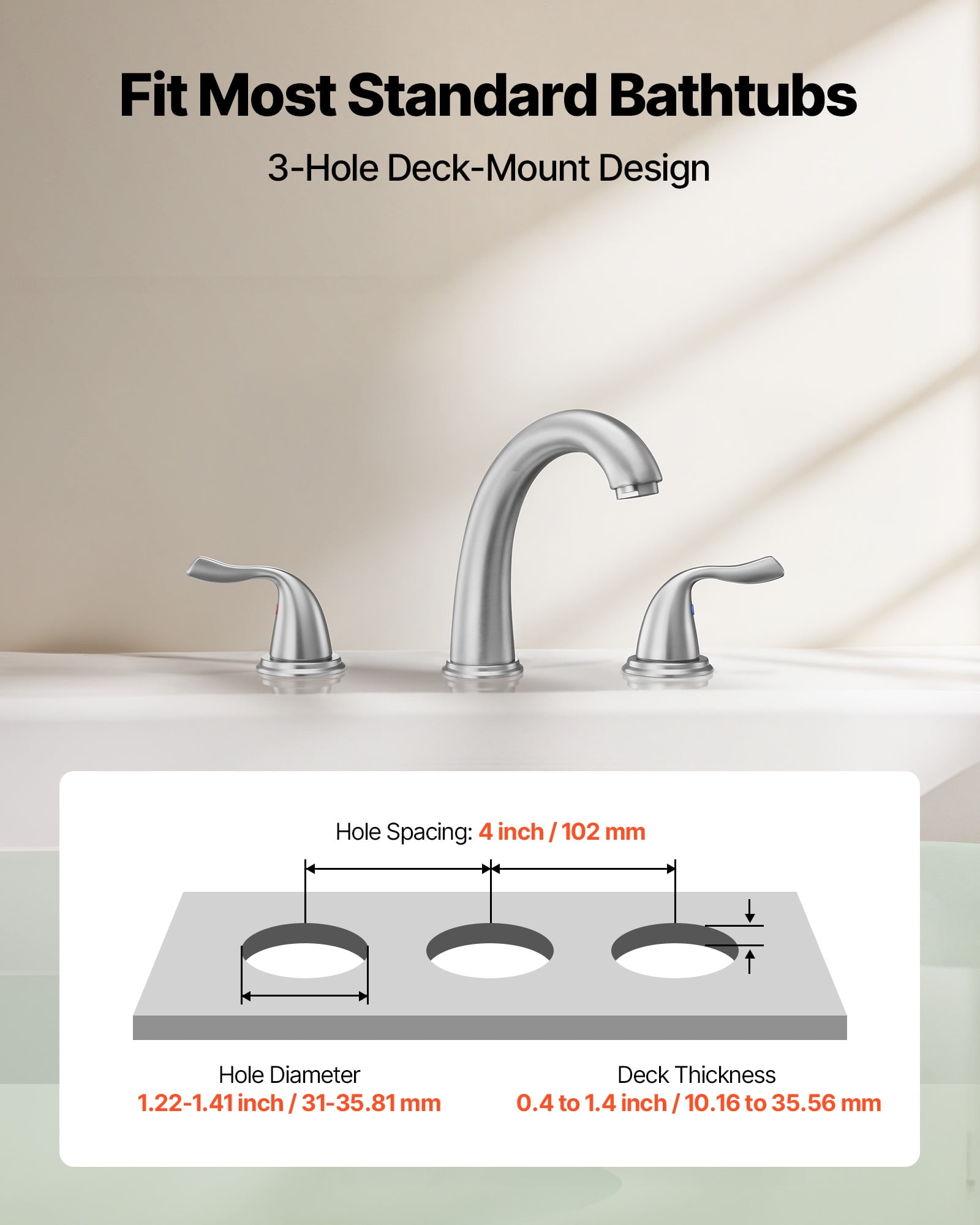 VEVOR Roman Tub Faucet, 3 Hole Waterfall Bathtub Faucet, Gooseneck Bath Tubs Faucets Set with 2 Handles, Roman Tub Faucets Deck Mount for Adult Bathing, Brushed Stainless Steel, High Arc Spout