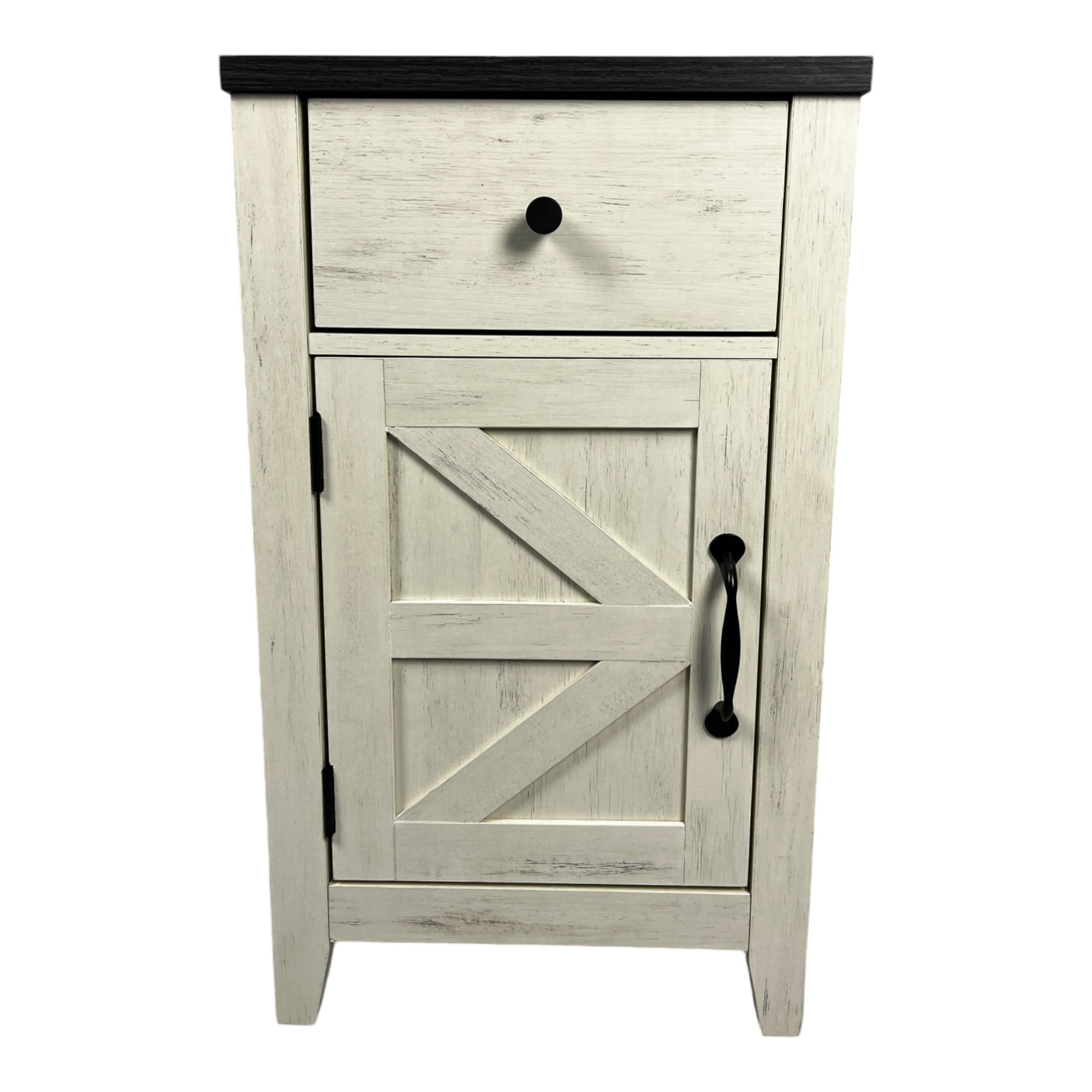 Farmhouse End Table Bedside Table with Charging Station,Night Stand with Barn Door and Drawer, Storage for Bedroom Living Room ,Bedside Table, White+Black color