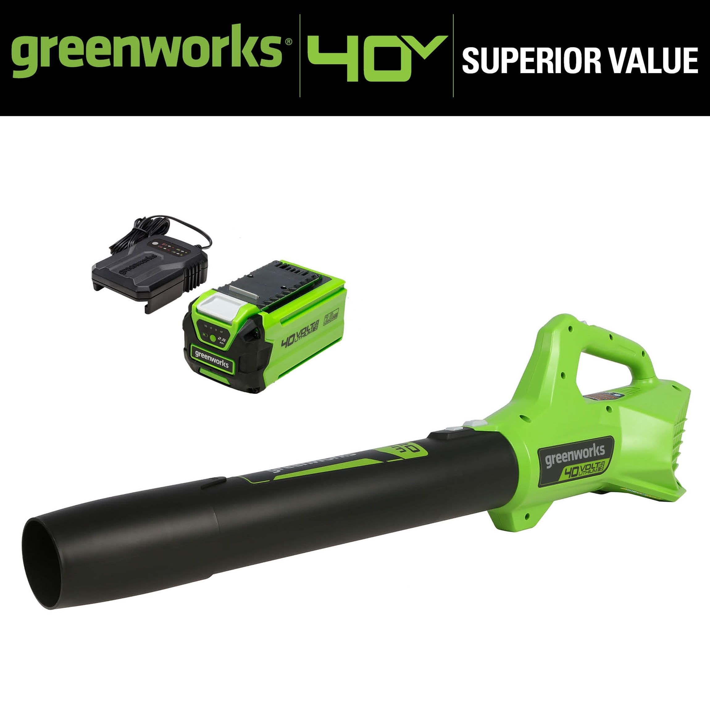 Greenworks 40V 350 CFM at 100 Mph Leaf Blower with 2.0 Ah Battery & Charger 2412002