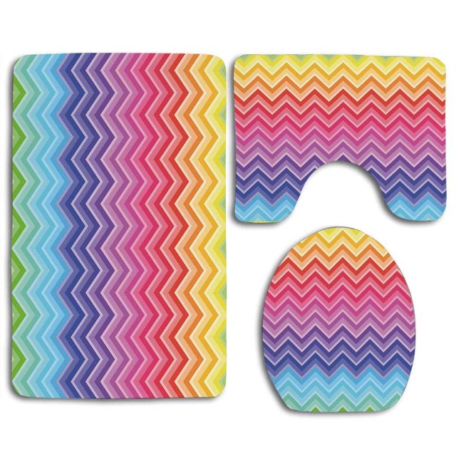 ABPHQTO Arco Iris Arco Iris Color Chevron Line Art Onda Como Formas Geométricas Simétricas Juego de alfombras de baño de 3 piezas Alfombra de baño Alfombra de contorno y tapa de inodoro