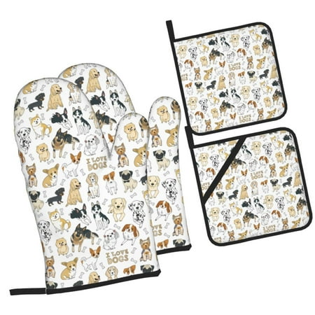 

Honeii I Love Dogs Pattern Oven Mitts and Pot Holders Silicone Oven Gloves 500 F Heat Resistant Oven Mitts Sets 4PCS