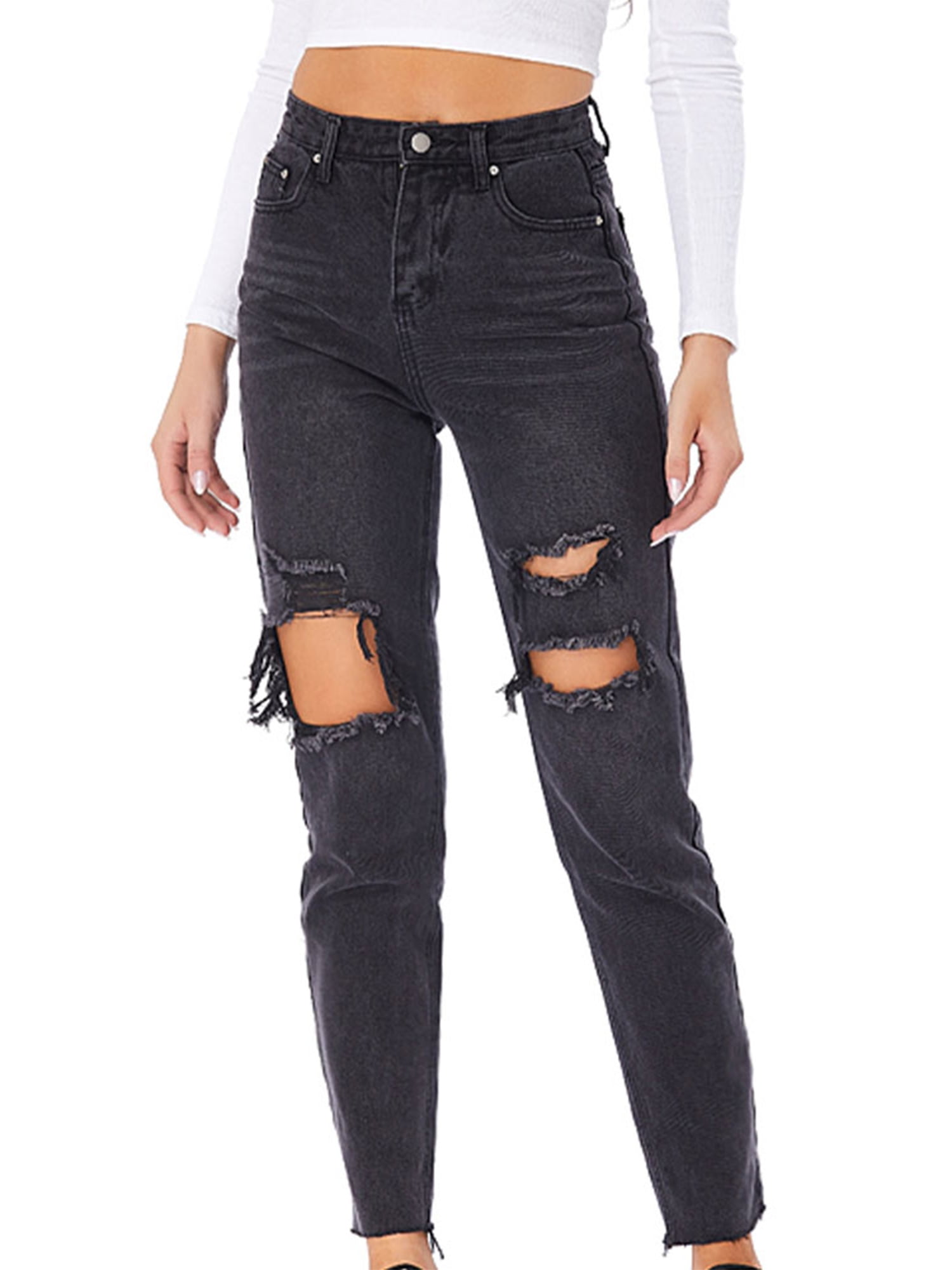 High Waist Denim Ripped Jeans Trousers 