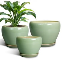 Planter Pots for Indoor Plants-Set of 3(10/8/6 inch) with Saucer, Large Round Ceramic Flower Pot for Living Room & Patio Garden Decor Green