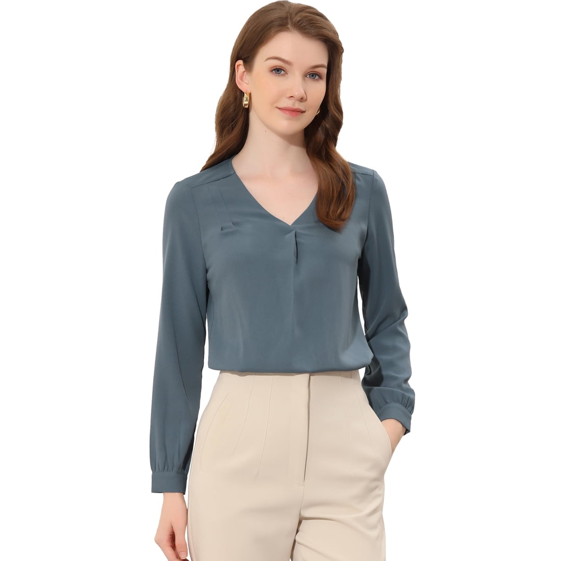 Unique Bargains Women s Chiffon V Neck Solid Color Long Sleeve Blouse Top Grey Blue XL