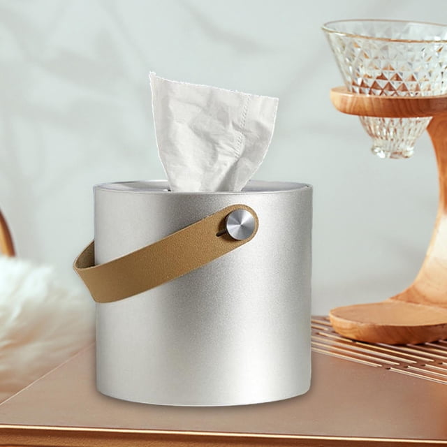 Porta Pañuelos Porta Servilletas Faciales con Asa Organizador de Escritorio Creativo Portátil Porta Pañuelos Cilíndricos para Mesita de Noche Y Barra Plata
