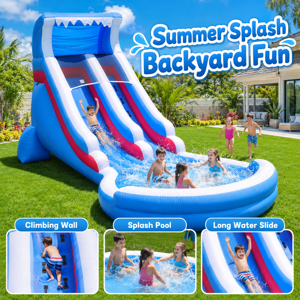 22.5FT Inflatable Water Slide with Large Splash Pool & Blower Included - Oxford Backyard Water Park for Kids (Blue)