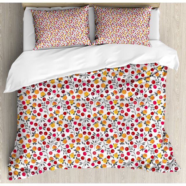 Cranberry Duvet Cover Set Queen Size, Vibrant Cloudberry Fresh Fruits Flowers Spring Season