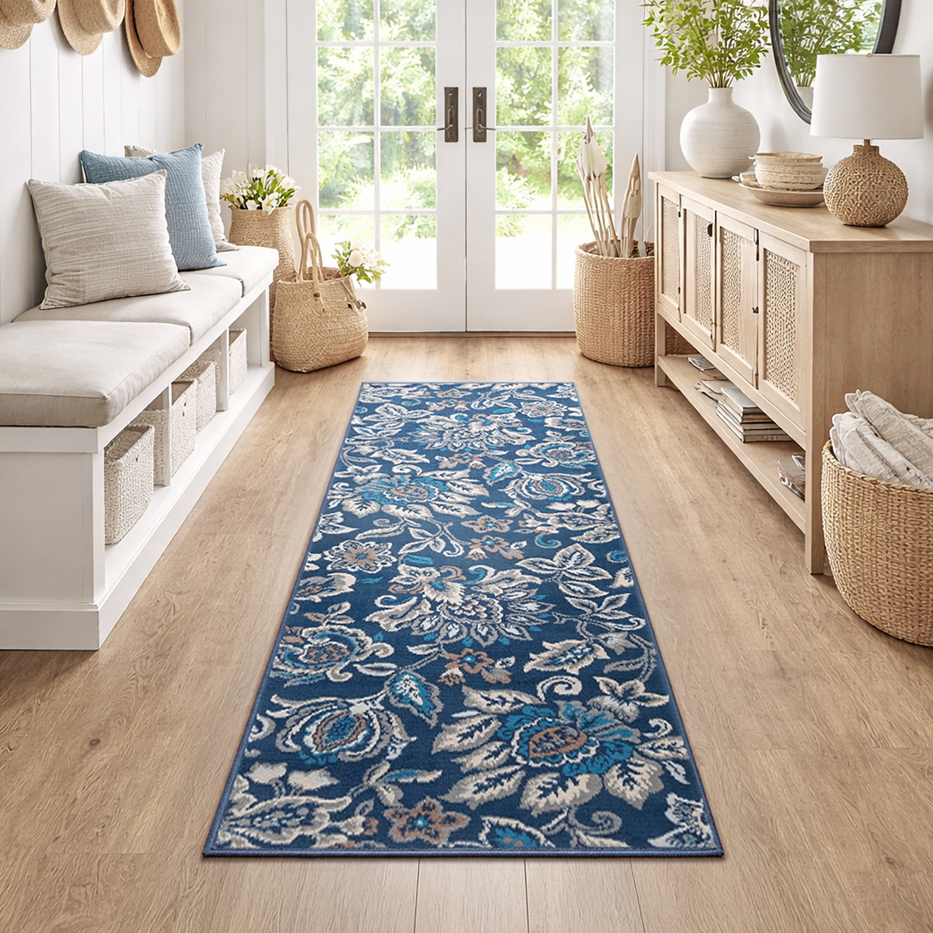 Madison Traditional 2' x 7' Dark Blue Polypropylene Indoor Area Rug