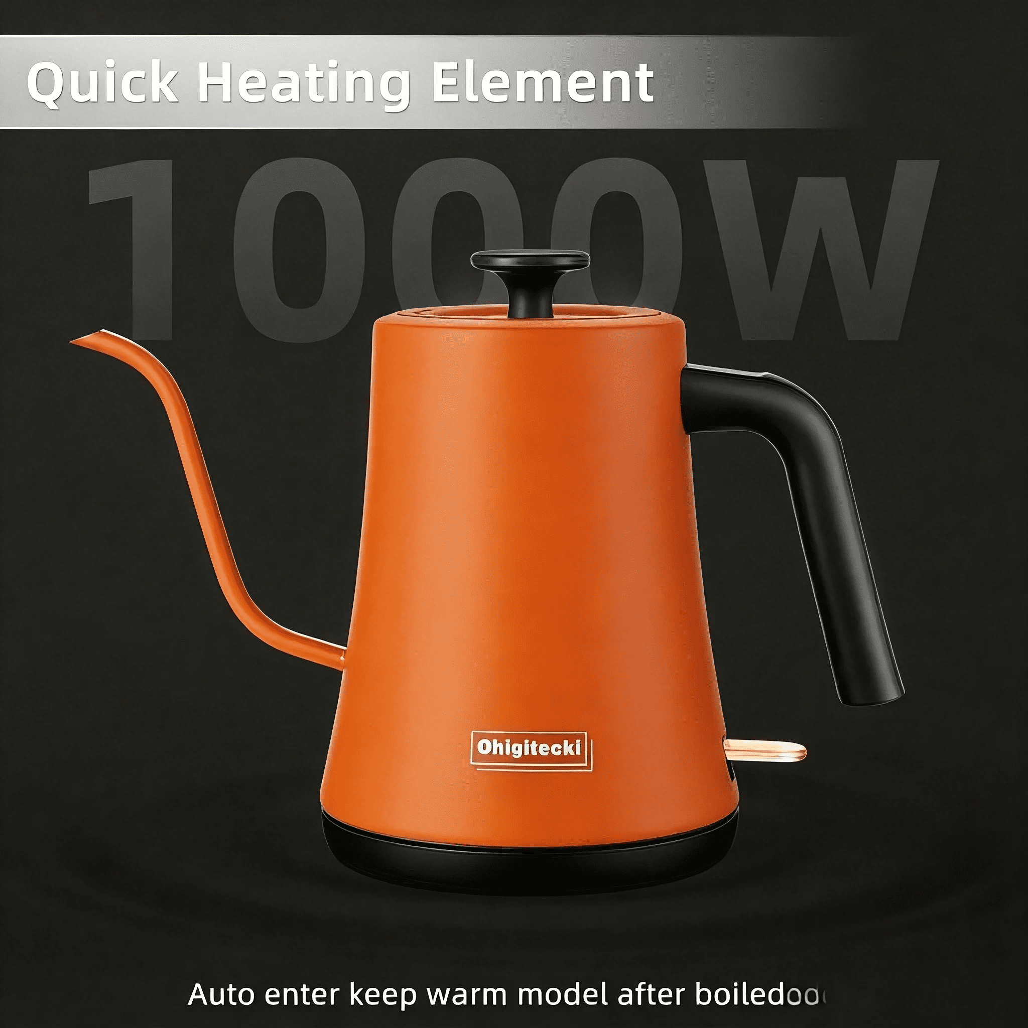Electric Hot Water Kettle 1.0L, Gooseneck Spout Black Stainless Steel Coffee Pot with Built-in Temperature Gauge(orange)