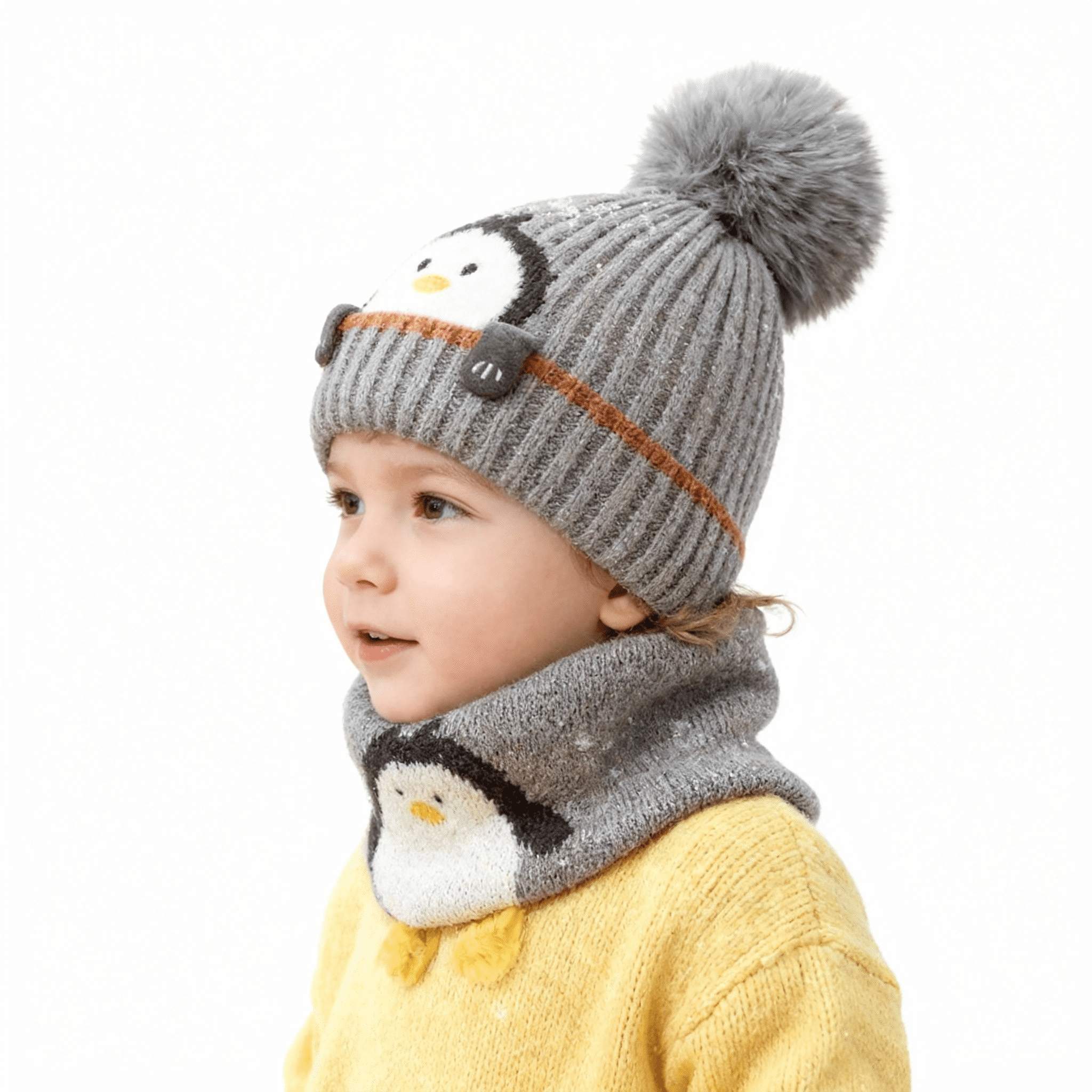 Baby Kids Winter Warm Hats, Infant Toddler Children Pom Pom Beanie Knit Cap Girls Boys-2 piece