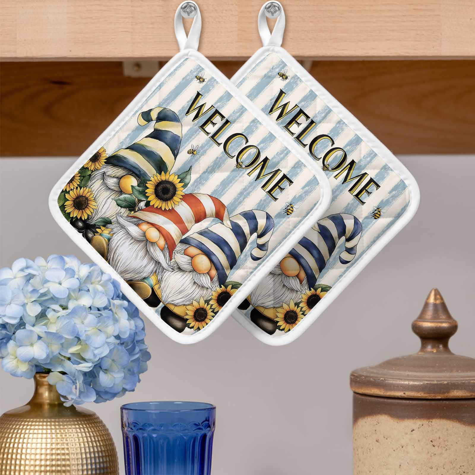 Sunflower Gnomes Pot Holders for Kitchen Heatproof Potholder, 5 Pack Farmhouse Striped Bee Yellow Summer Flower Hot Pads Multipurpose Oven Pads Cloth Potholders Trivet for Cooking Baking
