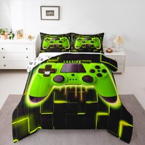 Feelyou Boys Game Console Full Size Comforter Sets, Lime Modern Gamepad Bedding Comforter Set, Neon Glowing Honeycomb Square Reversible Bedding Sets, Microfiber Bedroom Decor, 3-Piece